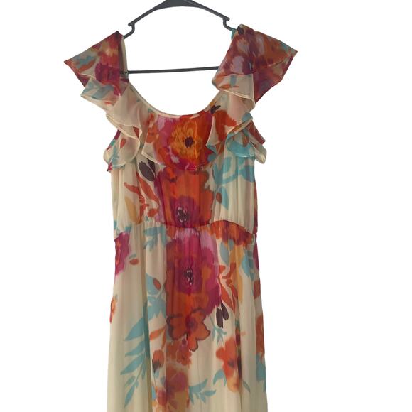 Bisou Bisou Size 6 Floral Chiffon Orange Blue Cream Off Shoulder Maxi Dress - Picture 8 of 9